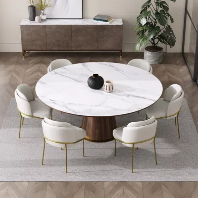 Homary Dining Table Set 48" Round Dining Table White Faux Marble Top With 6 White Cotton & Linen Dining Cha