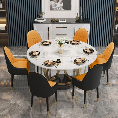 Homary Dining Table Set 53.1" Faux Marble Dining Table Black & Orange With 6 Pu Leather Chairs Modern