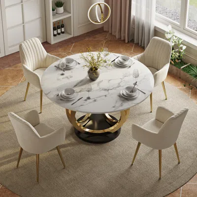Homary Dining Table Set 53.1" Faux Marble Dining Table White With 4 Velvet Chairs Modern