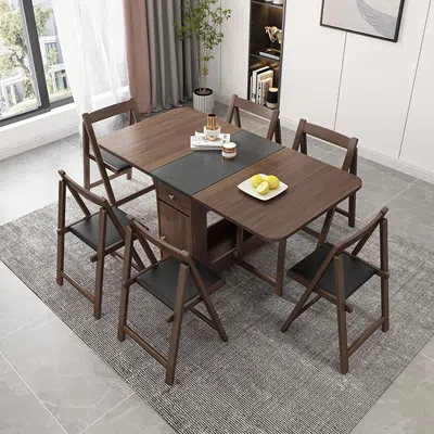 Homary Dining Table Set 59" Rectangle Expandable Dining Table Ash Wood Foldable Walnut With 4 Chairs In Brown