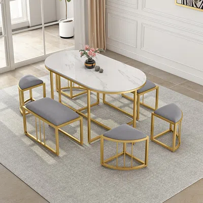 Homary Dining Table Set 59.1" Oval Faux Marble Dining Table With 6 Chairs Affordable Luxury Modern In Gray