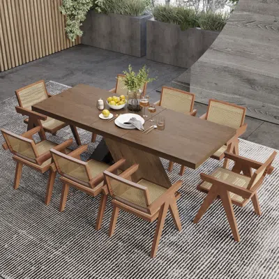 Homary Dining Table Set 61"-79" Rectangle Extendable Dining Table & 8 Archic Japandi Rattan Dining Chairs In Brown