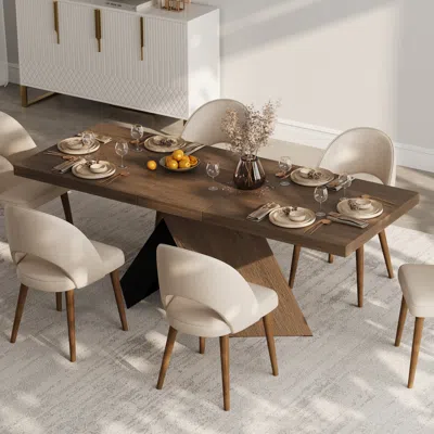 Homary Dining Table Set 64"-79" Rectangle Extendable Dining Table & 4 Archic Japandi Rattan Dining Chairs In Brown