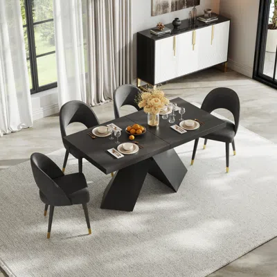 Homary Dining Table Set 64"-79" Rectangle Extendable Dining Table & 4 Archic Japandi Rattan Dining Chairs In Black