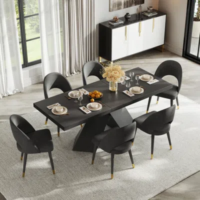 Homary Dining Table Set 64"-79" Rectangle Extendable Dining Table & 6 Archic Japandi Rattan Dining Chairs In Black