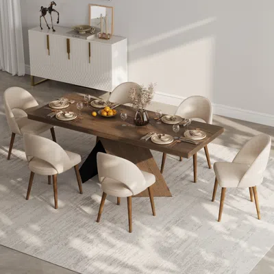 Homary Dining Table Set 64"-79" Rectangle Extendable Dining Table & 6 Archic Japandi Rattan Dining Chairs In White