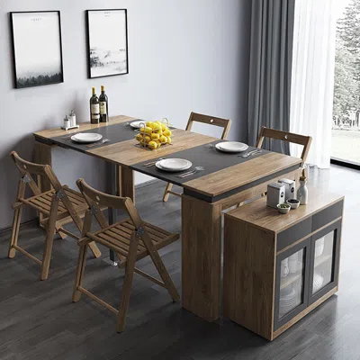 Homary Dining Table Set 70.9" Rectangle Extendable Dining Table With Storage Sideboard Farmhouse Style Expa In Brown