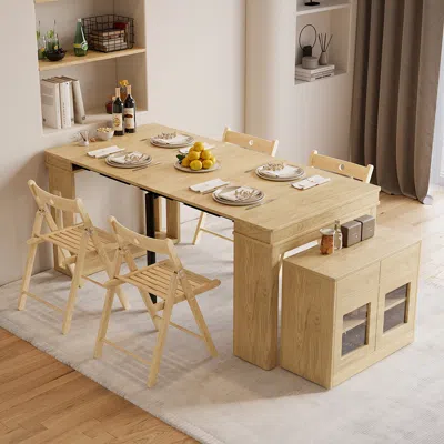 Homary Dining Table Set 70.9" Rectangle Extendable Dining Table With Storage Sideboard Farmhouse Style Natu In Brown
