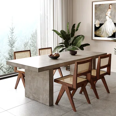 Homary Dining Table Set 71" Rectangular Farmhouse Dining Table & 4 Walnut Rattan Dining Chairs In Brown