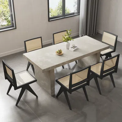 Homary Dining Table Set 71" Rectangular Farmhouse Dining Table & 6 Archic Black Dining Chairs