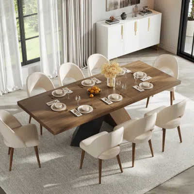 Homary Dining Table Set 79"-94" Rectangle Extendable Dining Table & 8 Archic Japandi Rattan Dining Chairs In Brown