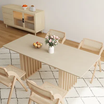 Homary Dining Table Set Rectangle Extendable Dining Table Japandi Whitewash  & 4 Folding Rattan Dining Chai In Brown