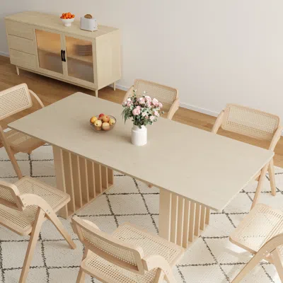 Homary Dining Table Set Rectangle Extendable Dining Table Japandi Whitewash & 6 Folding Rattan Dining Chair In Neutral