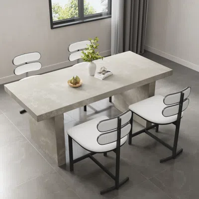 Homary Dining Table Set Rectangular Farmhouse Gray Dining Table & 4 Faux Leather Dining Chairs In White