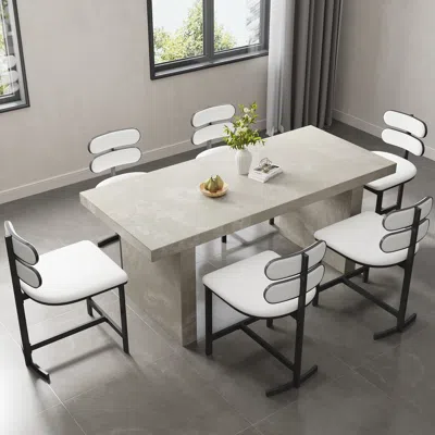 Homary Dining Table Set Rectangular Farmhouse Gray Dining Table & 6 Faux Leather Dining Chairs In White
