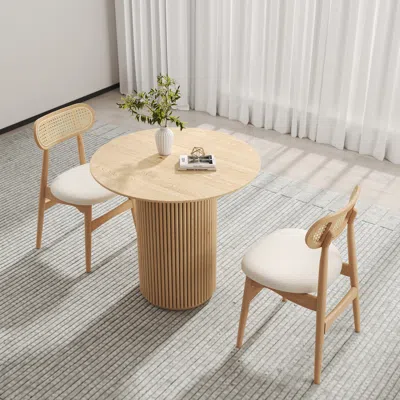 Homary Dining Table Set Round Small Dining Table & 2-piece Natural Rattan Upholstered Dining Chairs In Brown