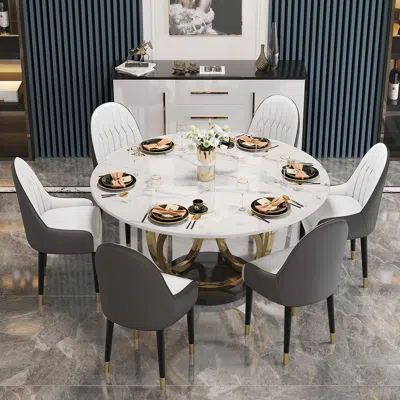 Homary Dining Table Sets 53" Round Faux Marble Top Dining Table White & Gray With 6 Chairs