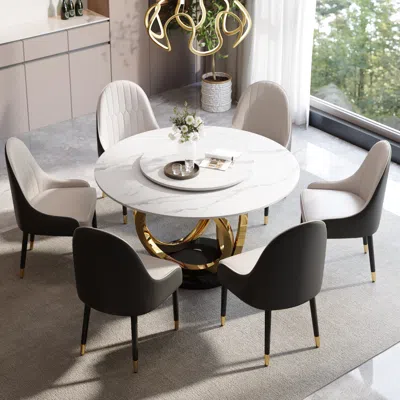 Homary Dining Table Sets 59" Round Faux Marble Top Dining Table White & Gray With 6 Chairs In Brown