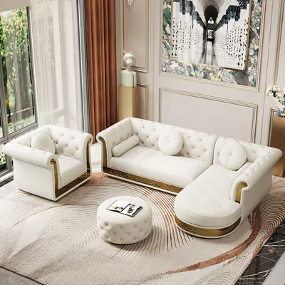 Homary Dodiy Modern L-shaped White Tufted Corner Sectional Sofa 6-seater With Ottoman & Pillows