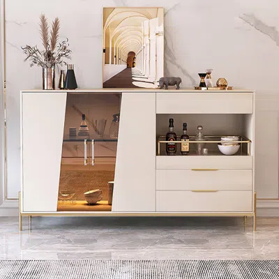 Homary Dolawn 55.1" Light Khaki Sideboard Buffet Tempered Glass Doors & Shelf Tray Wine Rack In Neutral
