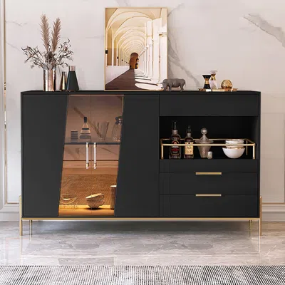 Homary Dolawn Modern 55.1" Black Sideboard Buffet Tempered Glass Doors & Shelf Tray Wine Rack