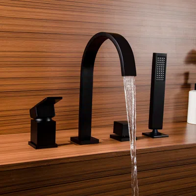 Homary Dree Waterfall Spout Deck-mount Roman Tub Faucet With Hand Shower In Matte Black Brass