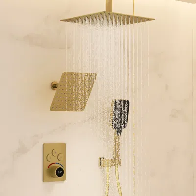 Homary Dual Head Shower System – 12" Ceiling & 8" Wall Shower With Handheld, Solid Brass In Gold