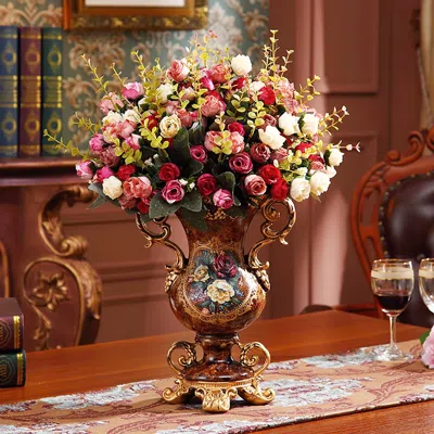 Homary European Artificial Vintage Flower Arrangement Vase Set Golden Resin Vase Fake Flower In Multi