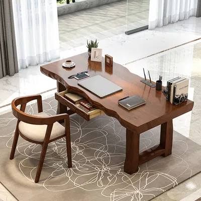 Homary Executive Office Desk Wave Shaped With Drawer Walnut Home Office Furniture Rectangular (47") In Brown