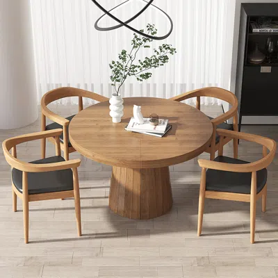 Homary Extendable Dining Table Set 39"-55" Japandi Dining Table & 4 Wood Dining Chairs In Brown