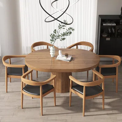 Homary Extendable Dining Table Set 39"-55" Japandi Dining Table & 6 Wood Dining Chairs In Brown