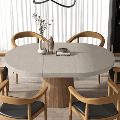 Homary Extendable Dining Table Set 39"-55" Japandi Gray Dining Table & 6 Walnut Wood Dining Chairs