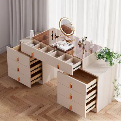 Homary Extendable Makeup Vanity With Jewelry Storage Retractable Champagne Dresser Closet Island In White