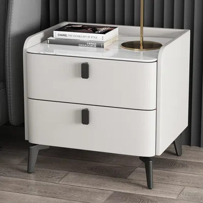 Homary Faux Leather Nightstand Set Of 2 With 2 Drawers White Bedside Table With Stone Top