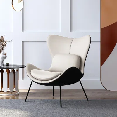 Homary Faux Leather Upholstered Wingback Accent Chair With Pillows In White