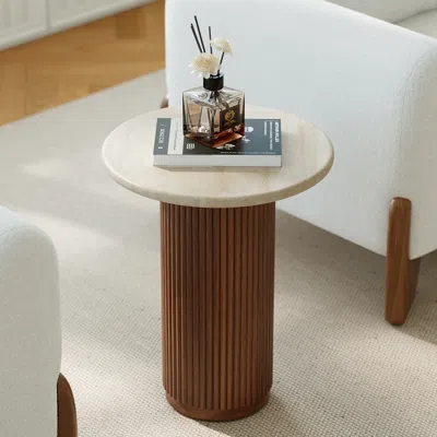 Homary Faux Marble Round End Table Modern Side Table With Wood Base In Brown