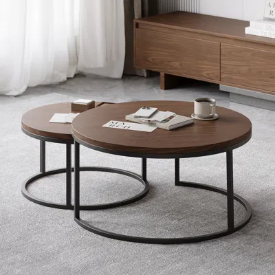 Homary Fero 2 Pieces Modern Walnut & Black Round Nesting Coffee Table For Living Room In Brown