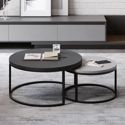 Homary Fero 2 Pieces Modern Wood Gray & Black Round Nesting Coffee Table For Living Room