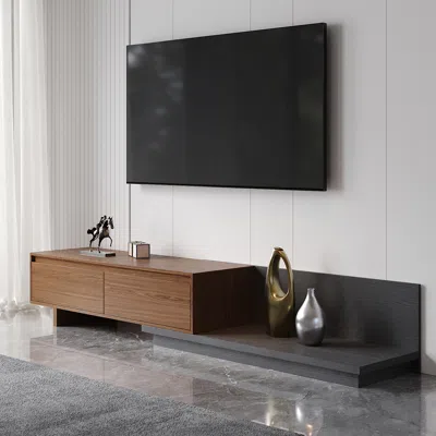 Homary Fero Minimalist Retracted & Extendable 2 Drawers Tv Stand In Walnut & Gray Up To 75" In Black