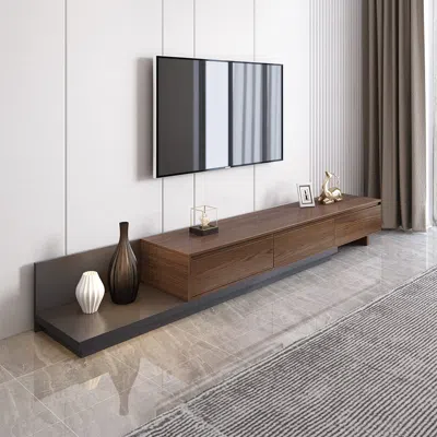 Homary Fero Minimalist Retracted & Extendable 3 Drawers Tv Stand In Walnut & Gray Up To 120" In Brown