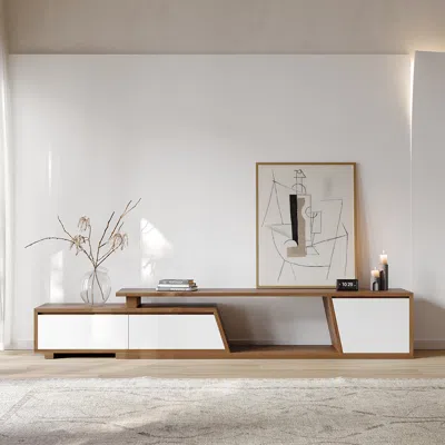 Homary Fero Minimalist Walnut & White Rectangle Reversible Extendable Tv Stand With 3 Drawers Up To 120" In Multi