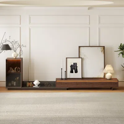 Homary Fero Retracted & Extendable 3 Drawers Tv Stand With Bookcase & Led Lighting In Walnut & Gray Up To 1 In Brown