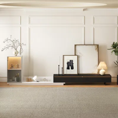 Homary Fero Retracted & Extendable 3 Drawers Tv Stand With Bookcase & Led Lighting In White & Black & Gray 
