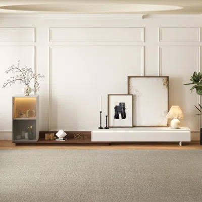 Homary Fero Retracted & Extendable 3 Drawers Tv Stand With Bookcase & Led Lighting In White & Walnut & Gray In Neutral