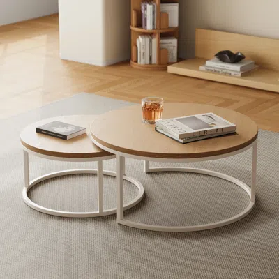 Homary Fero Round Nesting Coffee Table Set Of 2, Light Oak Top & White Metal Frame, Modern Scandinavian Sty In Brown