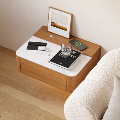 Homary Floating Cherry Nightstand With Light & Charging Station & Sintered Stone Top In Brown