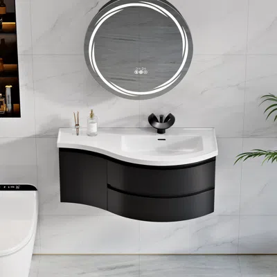 Homary Floating Curved Bathroom Vanity In Black & Round Led Medicine Cabinet Set Right Offset