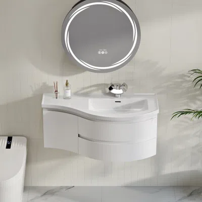 Homary Floating Curved Bathroom Vanity In White & Round Led Medicine Cabinet Set Right Offset