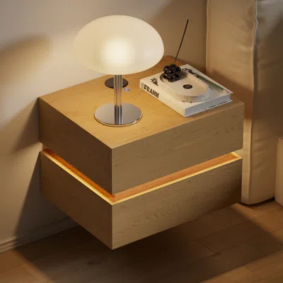 Homary Floating Smart Led Nightstand Wireless Charging Station Bedside Table With Light White In Brown
