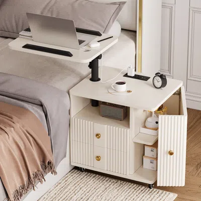 Homary Fluted Smart Nightstand With Lift Up Table & Charging Station In White
